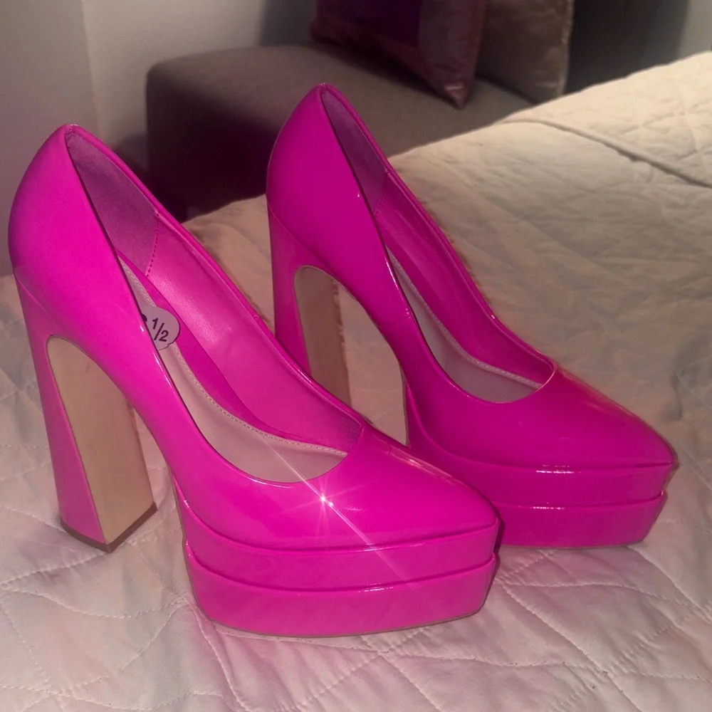 Women’s Patent Hot Pink Platform Pumps - Sleek High Heel Statement Shoe 6.5